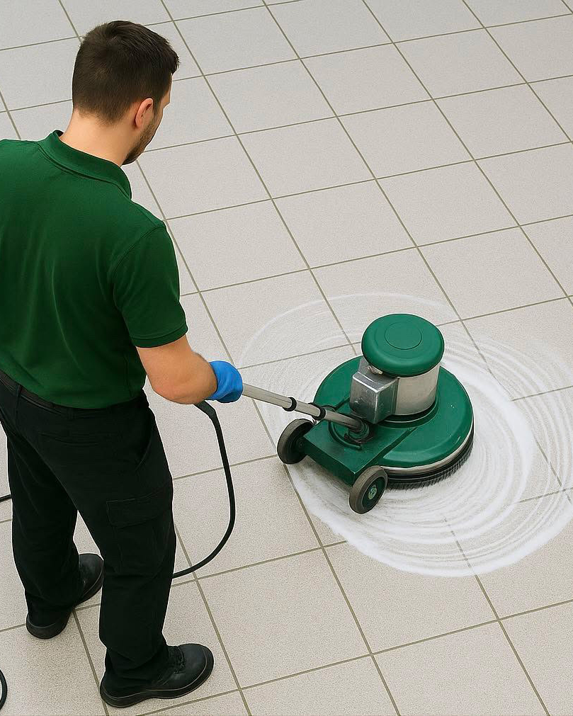 Gebäudereiniger mit grüner Arbeitskleidung und Handschuhen reinigt hellen Fliesenboden mit einer professionellen Reinigungsmaschine – Hammer & Hecke Facility Service Graz