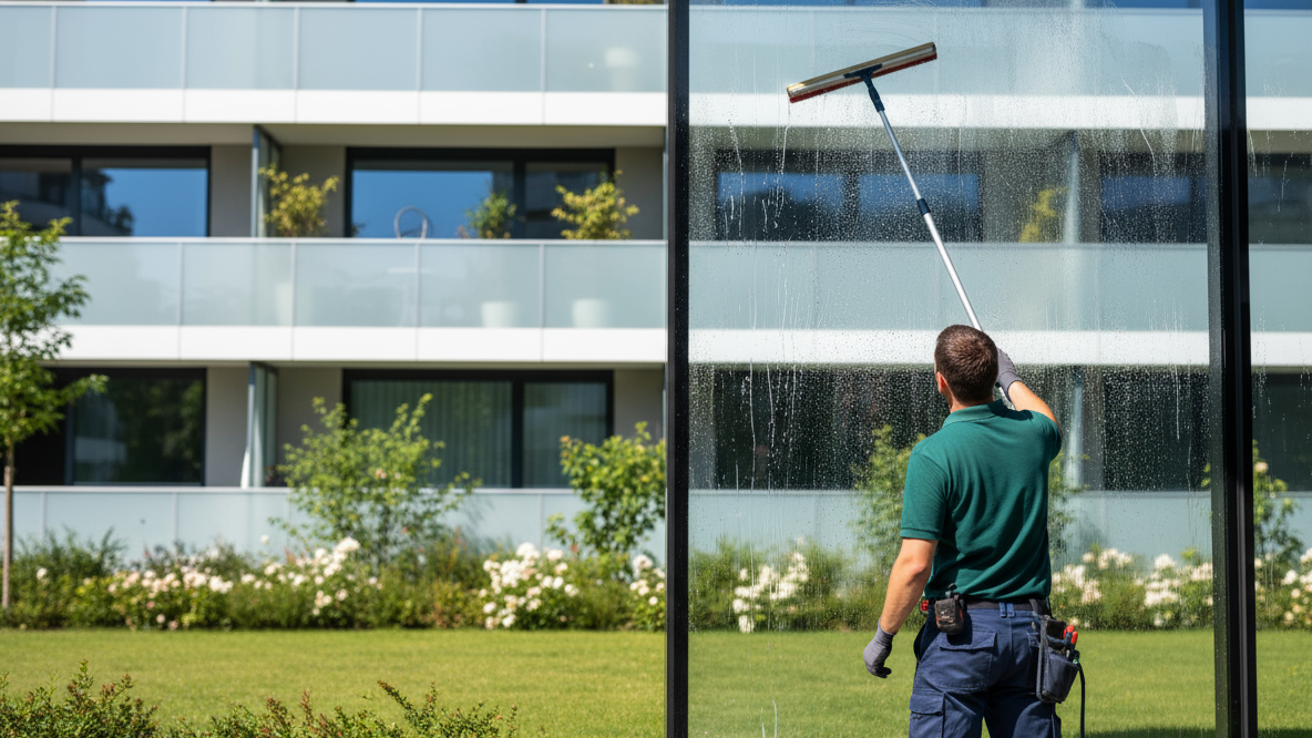 Ein Mitarbeiter von Hammer & Hecke reinigt die Glasfassade eines modernen Wohngebäudes mit einer Teleskopstange.