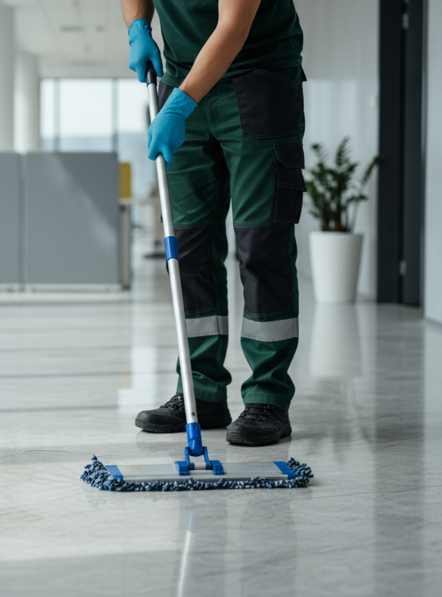 Ein Mitarbeiter von Hammer & Hecke wischt den Boden eines modernen Bürogebäudes mit einem professionellen Reinigungsmopp.