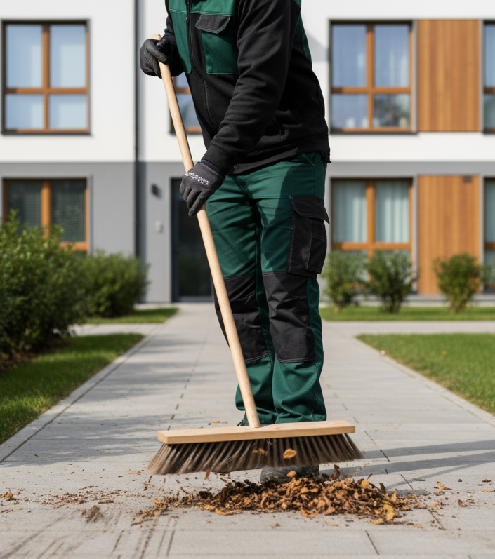 Ein Mitarbeiter von Hammer & Hecke kehrt mit einem Besen einen Gehweg vor einem modernen Wohnhaus in Graz.