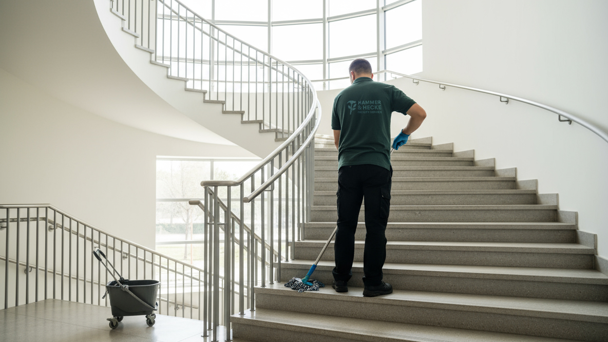 Ein Mitarbeiter von Hammer & Hecke reinigt eine Treppe in einem modernen Gebäude in Graz.