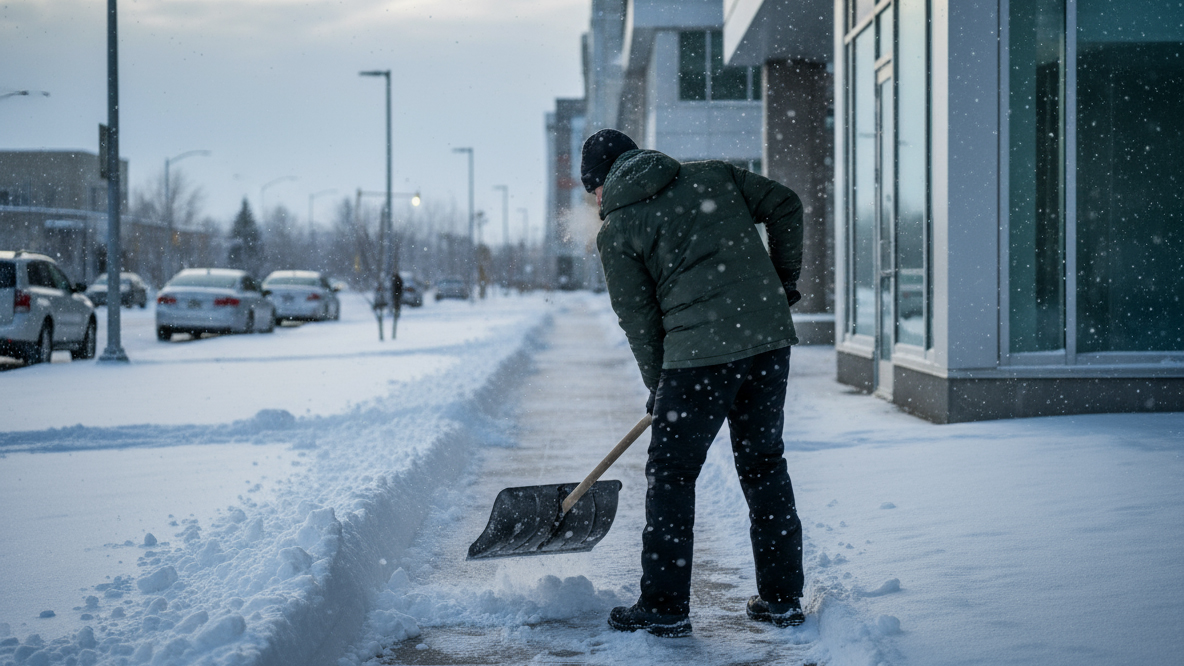 Ein Mitarbeiter von Hammer & Hecke räumt Schnee von einem Gehweg vor einem Firmengebäude.