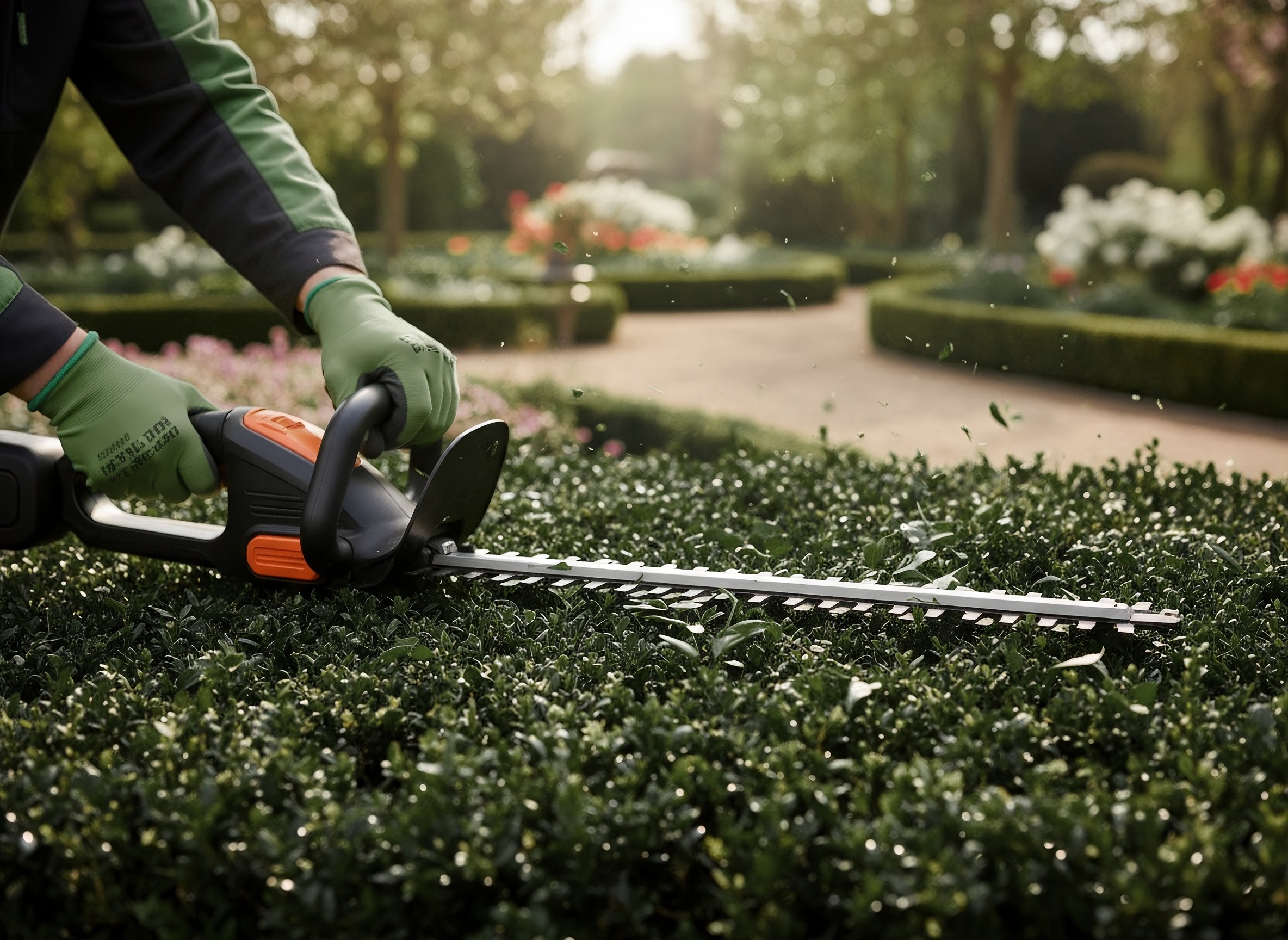 Ein Mitarbeiter von Hammer & Hecke trimmt eine Hecke mit einer elektrischen Heckenschere in einer gepflegten Gartenanlage.